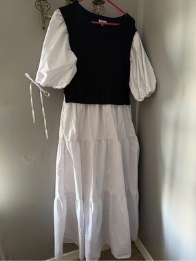 Two-Piece Look White Maxi Dress with Black Knit Overlay